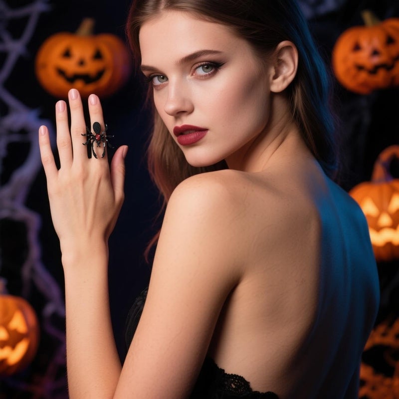 ANGLEQUEEN Punk Halloween Spider Rings for Women Knuckle Black Spider Web Bat Ring Gothic Vintage Dark Crystal Ring Red Rhinestone Statement Rings Halloween Witch Jewelry - Image 2